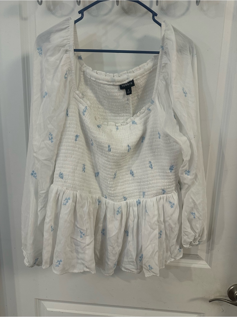 torrid White Smocked Peplum Top with Light Blue Floral Accents